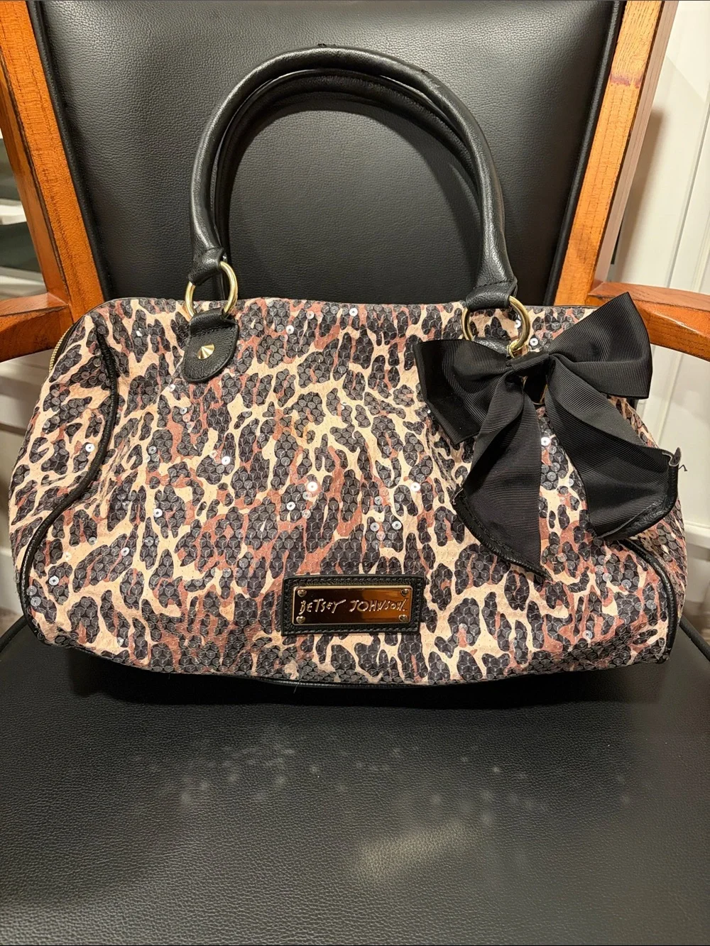 Betsey Johnson Leopard Sequin Bow Satchel